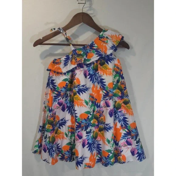 Tommy Bahama Girls Tropical Floral One Shoulder Ruffle Dress Orange Blue Size 6X