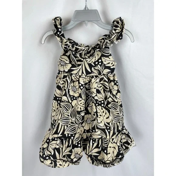 Tommy Bahama Dress Girl 5T Black Tan Hawaiian Tropical Ruffle Sleeveless Linen