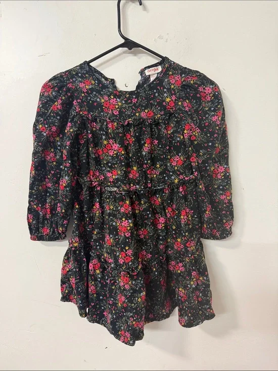 Cat & Jack Black Floral Tiered Long-Sleeve Dress - Pink & Red Flowers