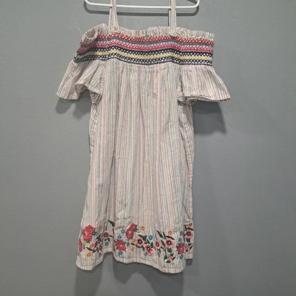 Zara Girls Striped Floral Embroidered Off Shoulder Dress Size‎ 10 Boho Summer