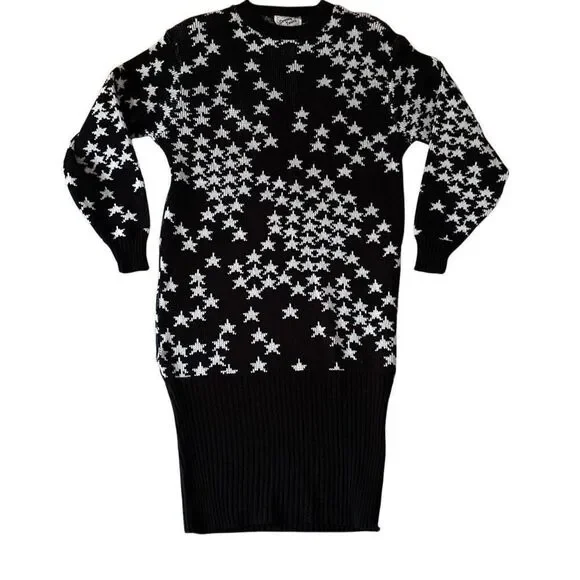 Vintage VTG 1980s Dressy Tessy New Wave Stars Pattern Sweater Dress S Granny