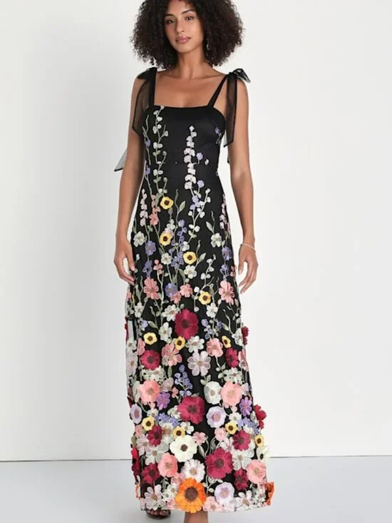 Lulus Thriving Poise Black 3d Floral Embroidered Tie-strap Maxi Dress - Size L