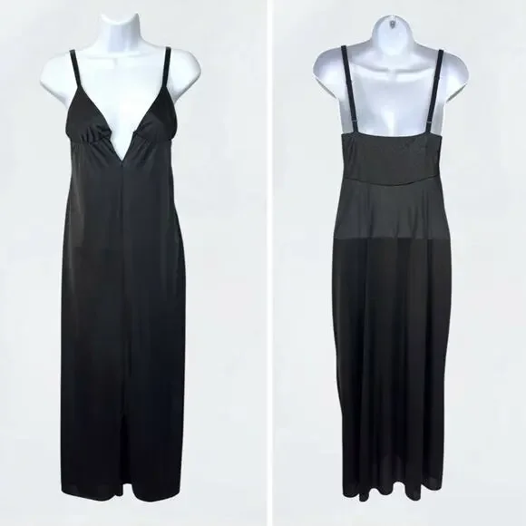 Vintage Black Nylon Midi Slip Dress 32 Deep V Slit USA Hollywood Babydoll