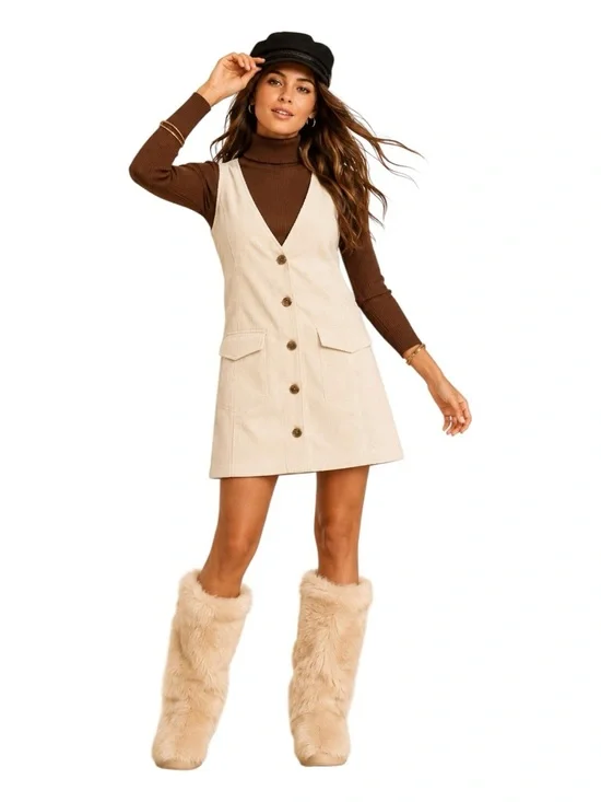 American Eagle Outfitters Ivory Mini Dress | Corduroy Button-Front V-Neck Jumper