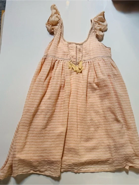 Louise Misha Parisian boho Girls' Peach metallic gold Stripe Ruffled Strap Dress