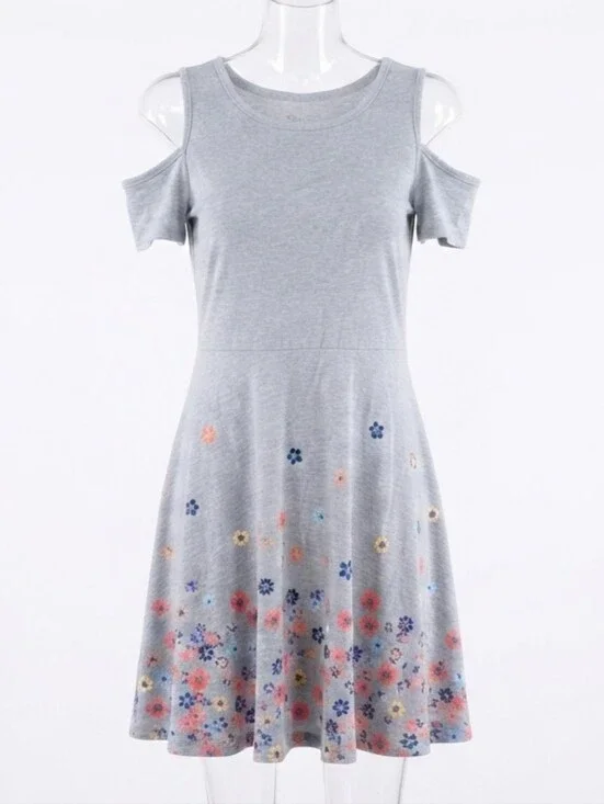 SO Girls Gray Favorite Skater Dress Cold Shoulder Floral Hem Size Large 10/12