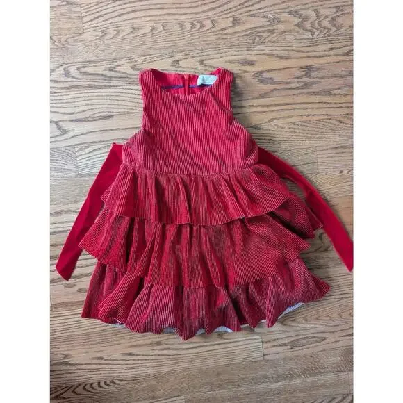 Mini Boden Red pleated metallic tiered pleated dress Size 3-4y