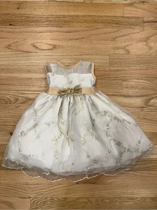 Girls formal Dress - white, hints of tan and green flowers