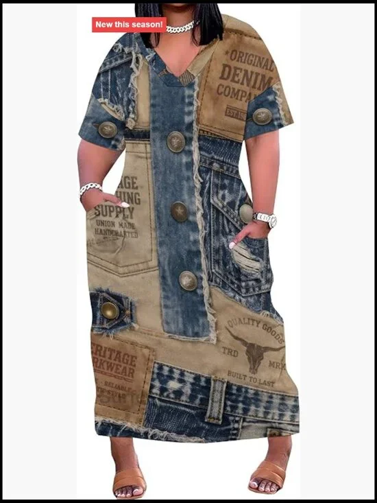 Women's Plus Size Denim Look Maxi Dress Casual 3D Print Faux Jean V-Neck