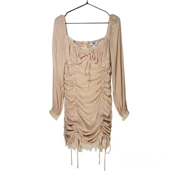 Shareen Collections Ruched‎ Bodycon Mini Dress Lace 12 Puff Sleeve Peach