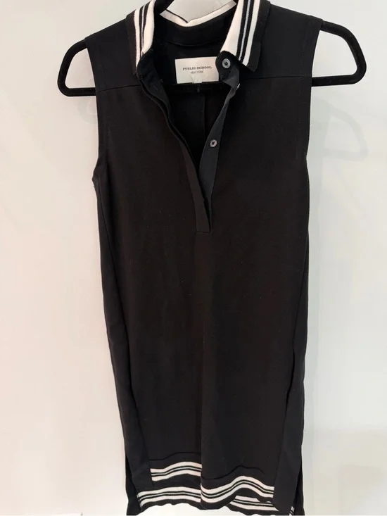 Public School Black Sleeveless Polo Tank with White Striped Trim