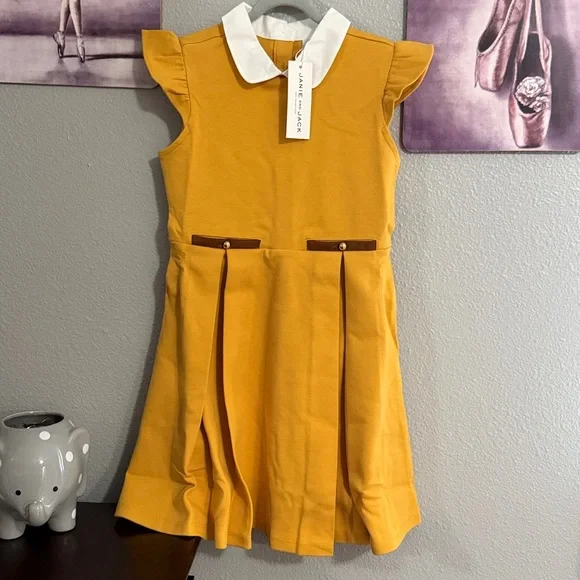 Janie and Jack flutter Sleeve Ponte dress size 8 cotton golden yellow white new
