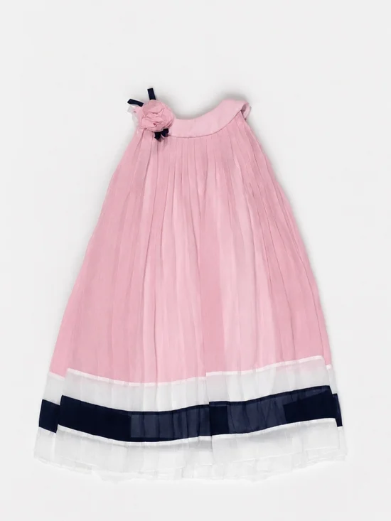 Rare Editions Girls Pink Pleated Dress with Navy & White Trim. Size 5