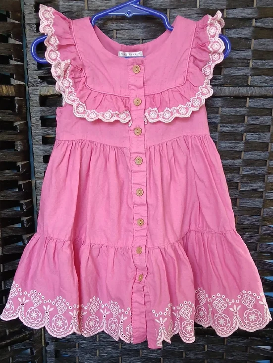 Max Studio Pink Button-Front Ruffle Dress with Lace Trim Girls SZ 3T