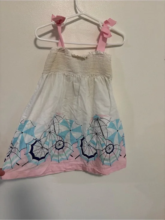 Janie and Jack 2T White Sundress Pink Straps smocked top  Blue Umbrella Print