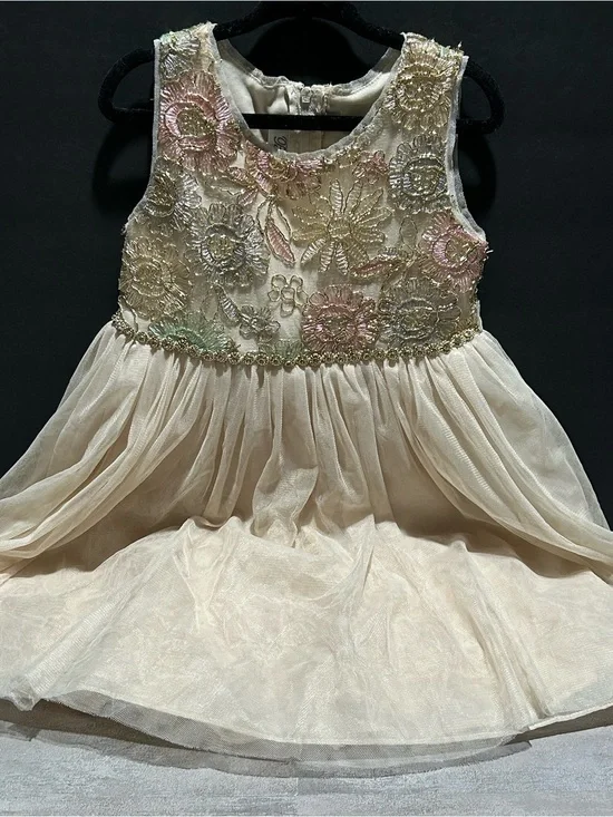 Bonnie Jean Cream Floral Embroidered Tulle Dress