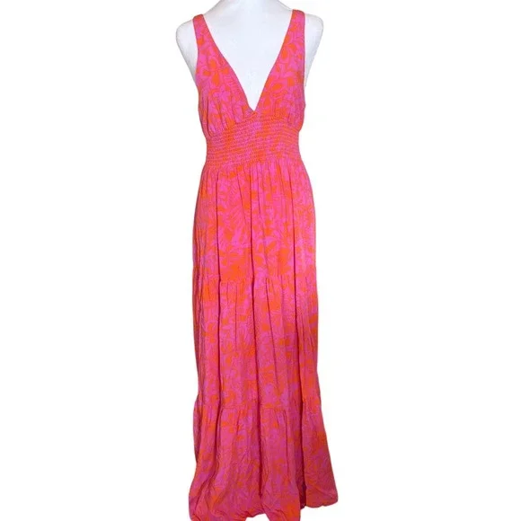 L*Space Lilikoi Pink Orange Tropical Floral Smocked Tiered Maxi Dress Small READ