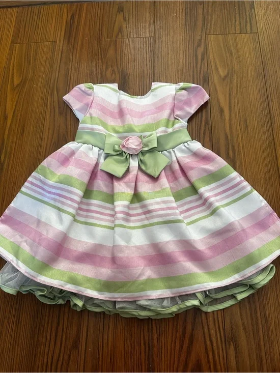 Youngland Pink, Green & White Striped Party Dress with Satin Waist Bow