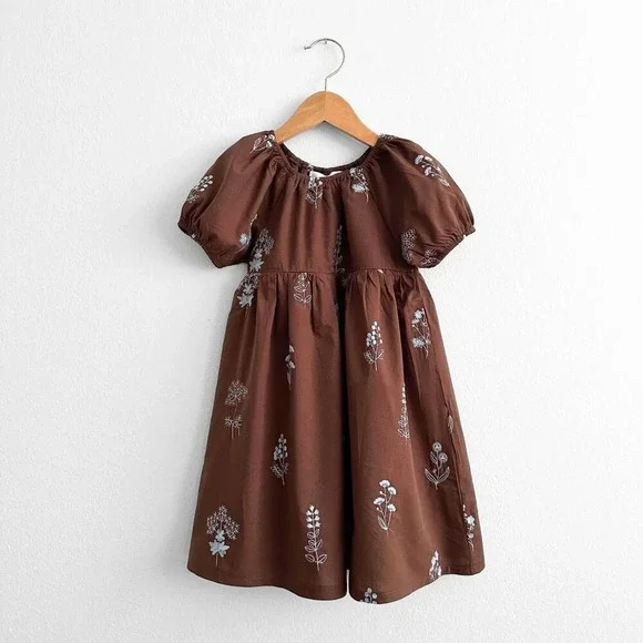 NWT Pretty Girls Short Sleeve Dress Bohemian Lovely Flowers Embroidery Brown 3T