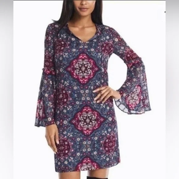 White House Black Market Medallion Pink Blue Dress Sheer Bell Sleeves Size XS