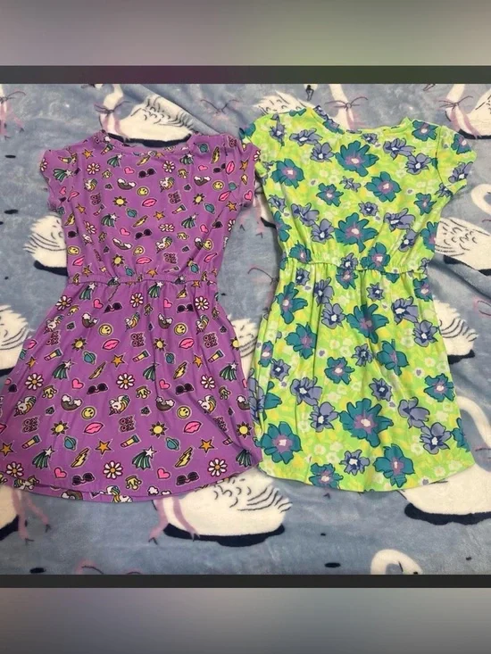 Girls' Purple Floral & Lime Green Flower Print Dresses - Set of 2