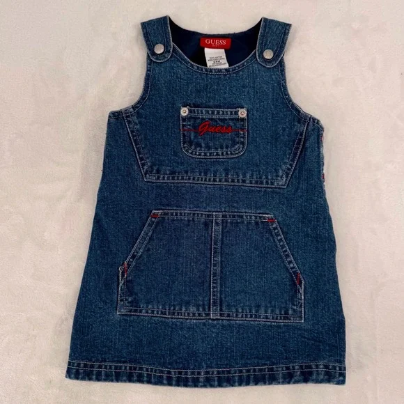 Vintage Guess Baby Dark Wash Denim Overall Jumper Dress Size 24M 100% Cotton