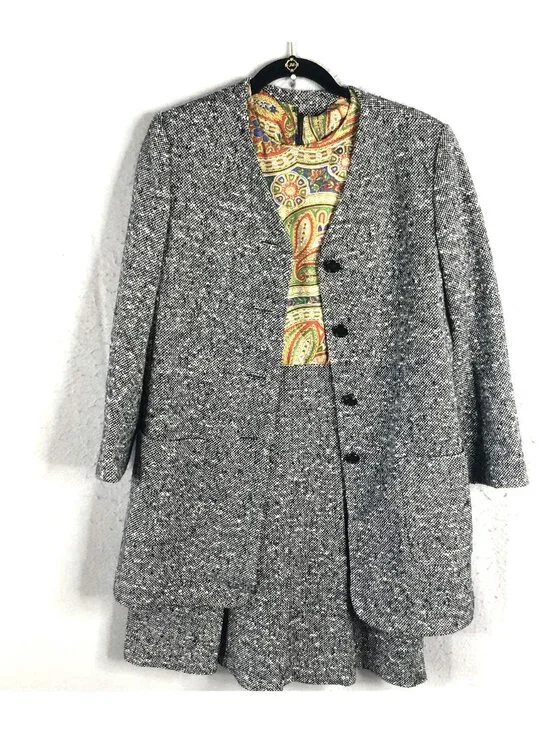 Old Money Dress Womens 11 Gray Tweed Paisley Long Sleeve Coat Set 70s Statement