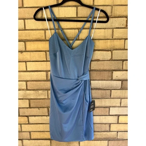NWT Lulus Blue Satin‎ Faux Wrap Mini Dress XS Party Cocktail Cross Back Straps