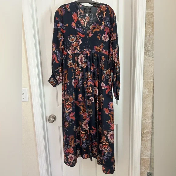 Johnny Was Navy Floral Long Sleeve Dress