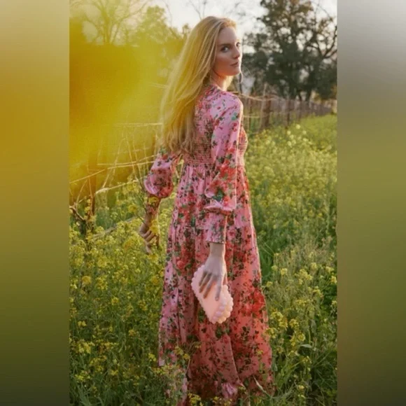 Tuckernuck NEW Pink Peony Meadows Libby Long Sleeve Maxi Dress Size XXS