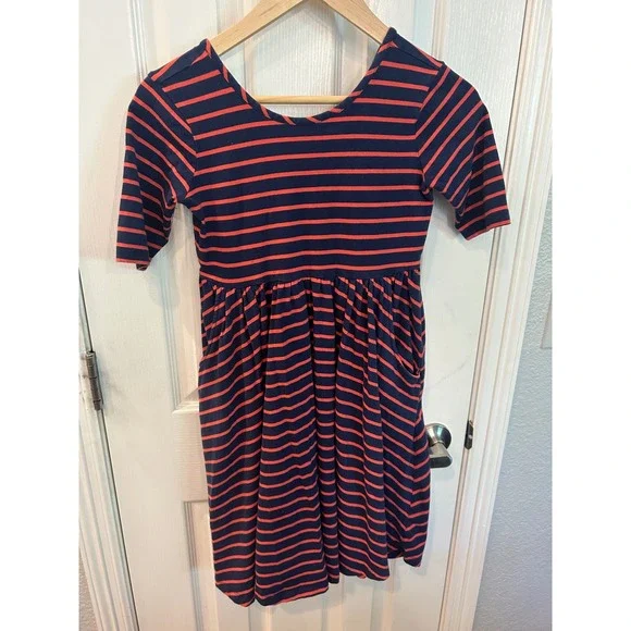 Hanna Andersson Dress Navy‎ Blue Red Striped Short Sleeve Pocket Skater Kids 10