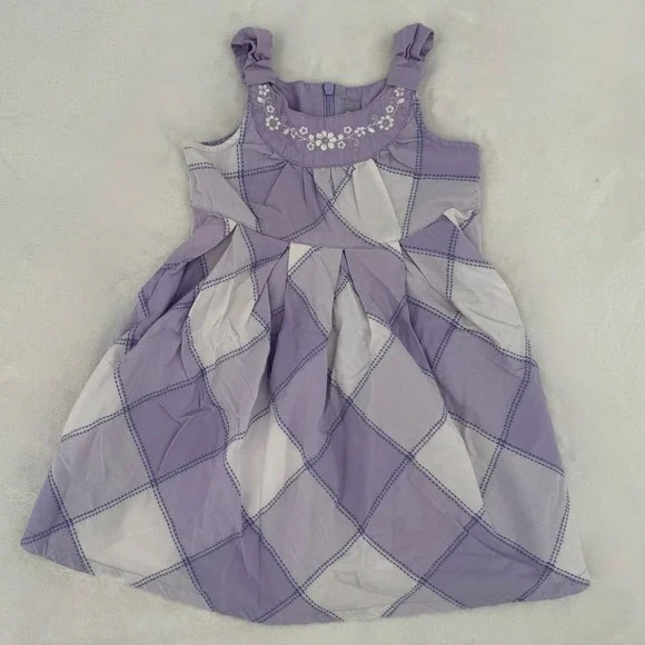 Carters Girls Purple & White Diamond Plaid Floral Embroidered Sun Dress Size 2T