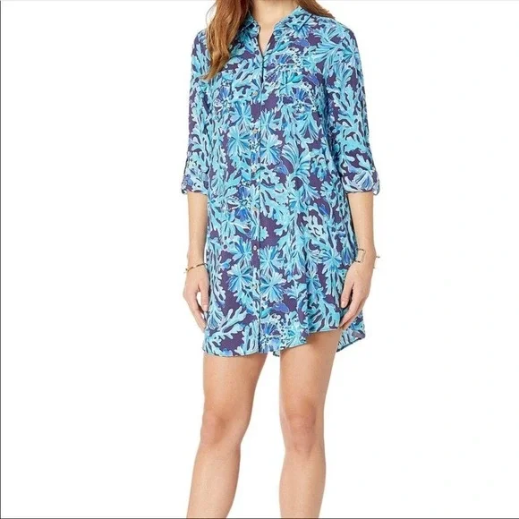 Lilly Pulitzer Blue‎ Floral Coral Print Rayon Button Down Shirt Dress XS Beach