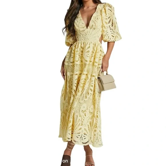 Yellow Guipure Lace Cut Out Maxi Dress Puff Sleeve Open Back V- Neck L