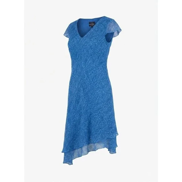 VTG Y2K Positive Attitude Womens M Blue Leaf Chiffon Asymmetrical Hem Midi Dress