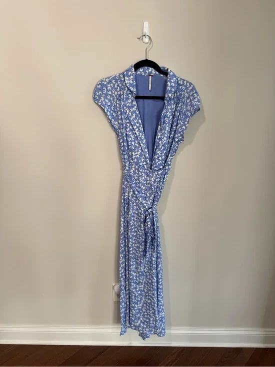 Free People Blue and White Floral Wrap Maxi Dress