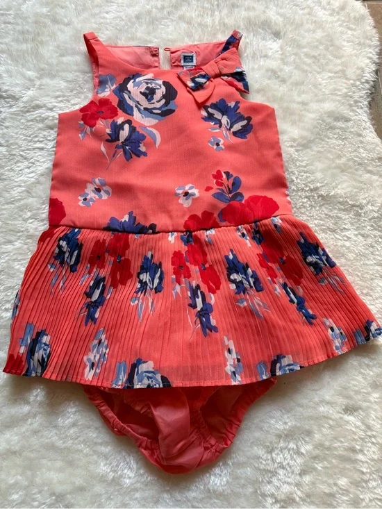 Janie and Jack Baby Girl Coral Floral Dress with Bow Size 12-18 Months
