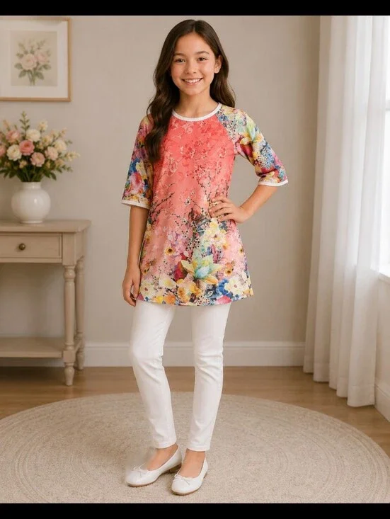 Floral Vietnamese Kids Ao Dai Vibrant Multicolor Top Shirt 12