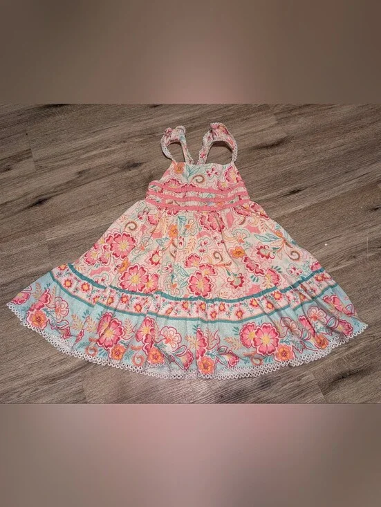 Shabby Chic Pink Seafoam Green Smocked Floral Sundress Lace Trim Girls 3T