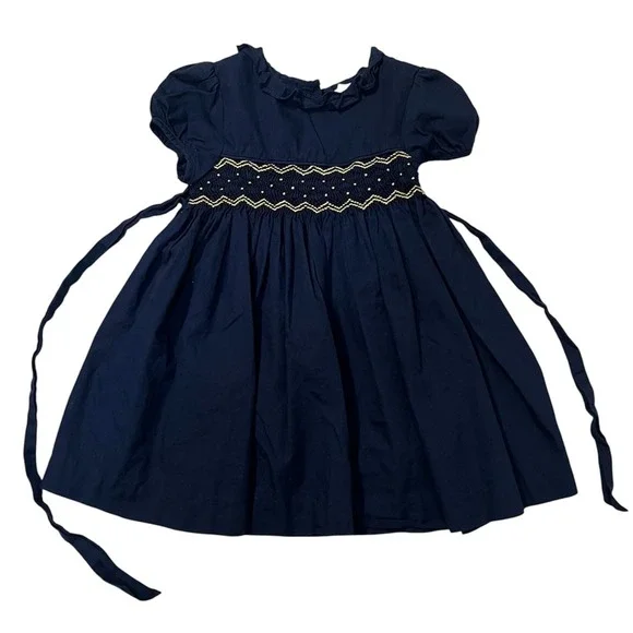 Edgehill Collection Girls 12M Navy Blue Smocked Ruffle Dress Yellow Embroidery