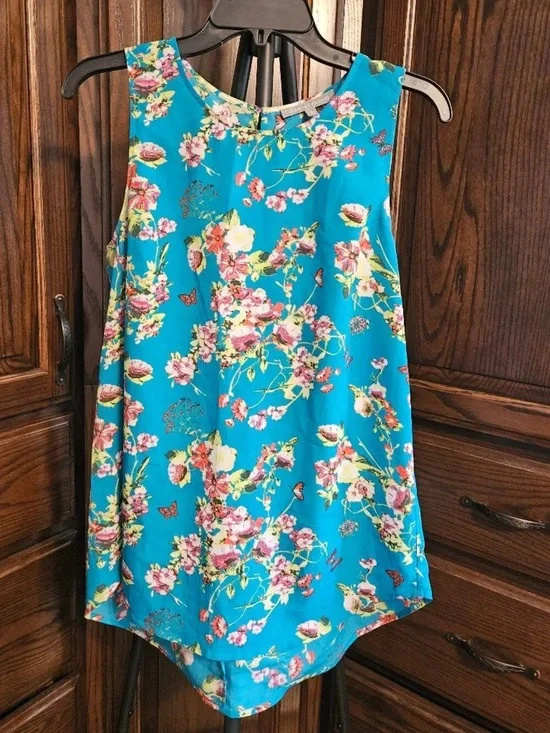 Girls' Floral Sleeveless Dress in Teal Blue