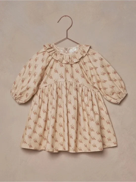Classic Ruffled Collar Cream Floral Dress for Kids