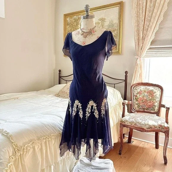 navy blue fairy dress  90s navy beaded‎ mini dress So Fashions size 8