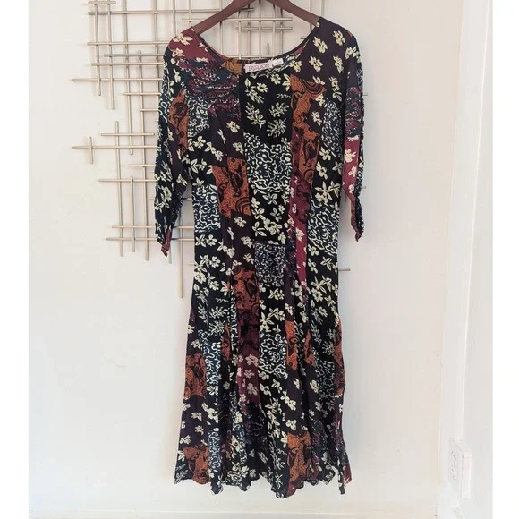 VTG 90's Fashion Force Patchwork Floral Midi Dress Long Sleeve‎ Womens Sz M Boho