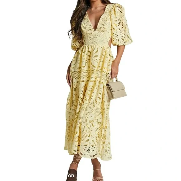 Yellow Guipure Lace Cut Out Maxi Dress Puff Sleeve Open Back V- Neck XL