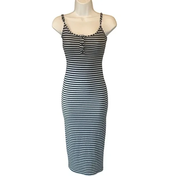No Boundaries Y2K Preppy Henley‎ Midi Dress Coastal Striped Ribbed XXS Bodycon
