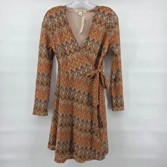 Francesca's Mi Ami Wrap Dress XS‎ Mustard Zigzag Metallic Long Sleeve Boho Retro