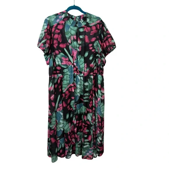 Torrid Womens Plus Size 3 Tropical Floral Chiffon Smocked Midi Dress Black‎ Pink