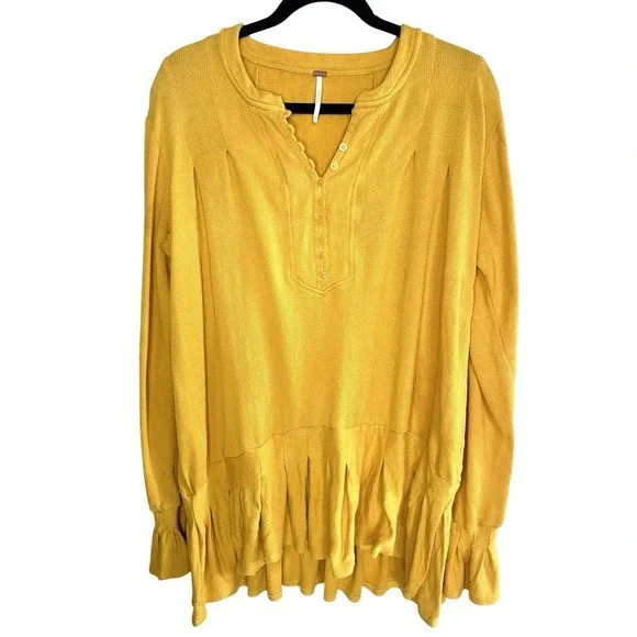 Free People Summer Struttin Mini Dress Golden Yellow Henley Waffle Ruffle Medium