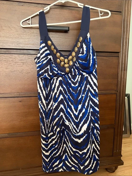 INC International Concepts Blue, Black and White Sleeveless Stud-Trim Mini Dress